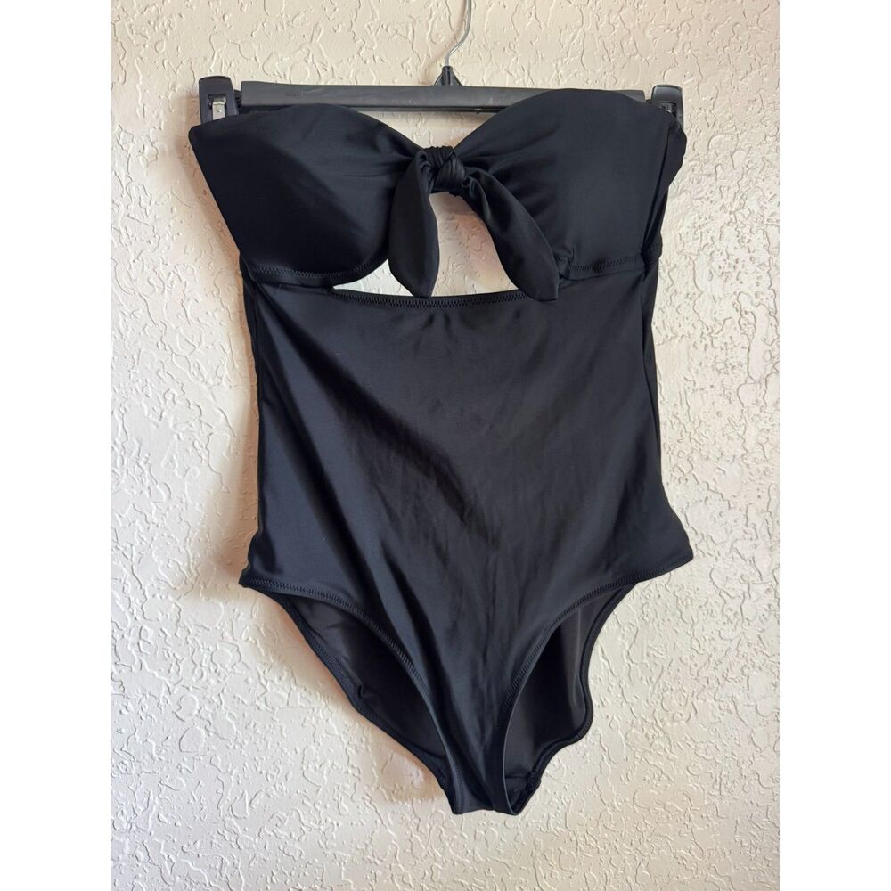 Aerie Black Bandeau One Piece Swimsuit Tie Front Open Back Strapless Medium - Picture 1 of 6